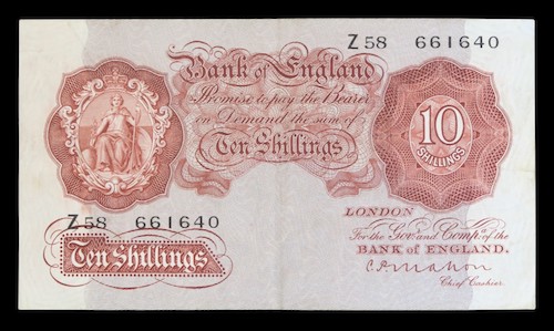 English ten shillings banknote 1928